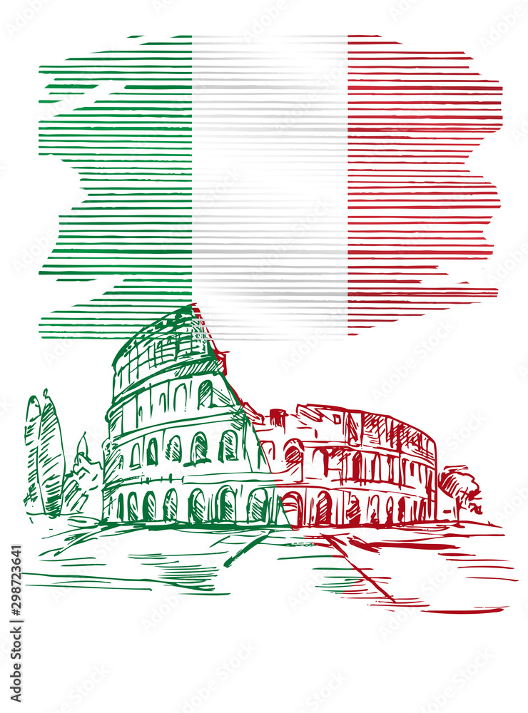 Ilustracja przedstawiająca flagę Wloch z przykładowym zabytkiem architektonicznym