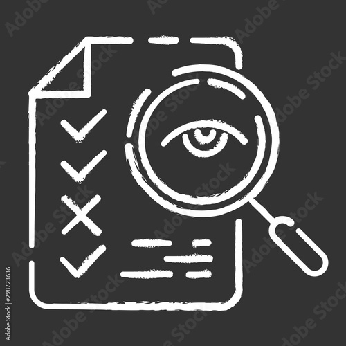 Professional proofreading service chalk icon. Text editing, mistake correction. Document quality control. Magnifier with checked list points. Isolated vector chalkboard illustration