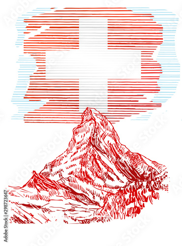 Ilustracja przedstawiająca flagę Szwajcarii z przykładowym zabytkiem architektonicznym