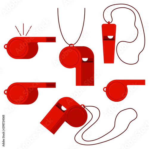 Red plastic sport referee whistle vector icon set isolated on white background.