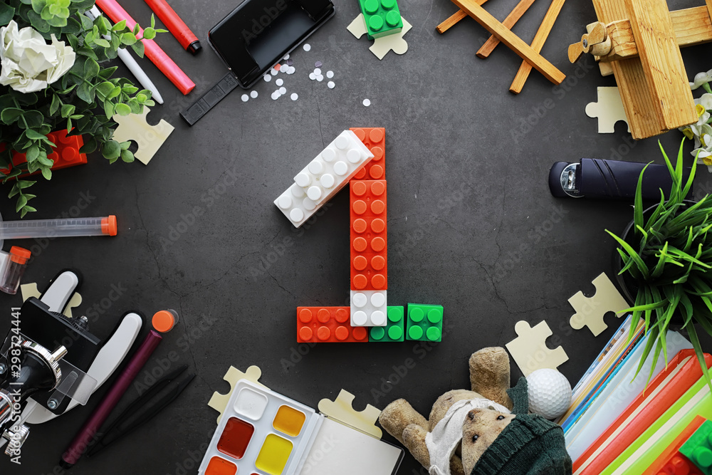 Background. Children's toys on the table. Space between kid's toys. Background. Children's toys on the table. Space between kid's toys.