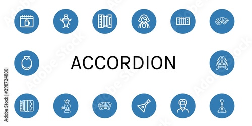 Set of accordion icons such as Oktoberfest, Samovar, Accordion, Russian, Harmonic, Balalaika, Castanets, Faberge , accordion