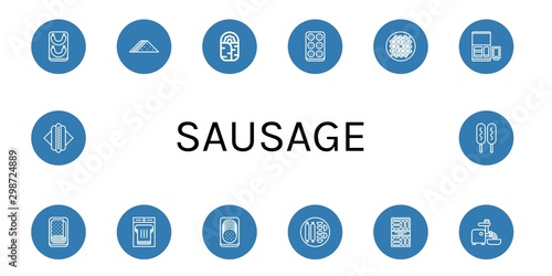 Set of sausage icons such as Sausage, Sandwich, Burrito, Meatball, Bean toasting, Nuggets, Meatloaf, Snack, Mincer, Hot dog, Corn dog , sausage