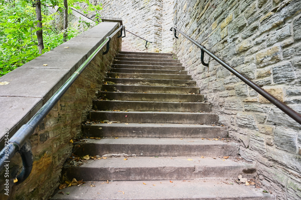 Grey and Gold Stone Stairs Up with Black Railing and Leaf Litter and Foliage