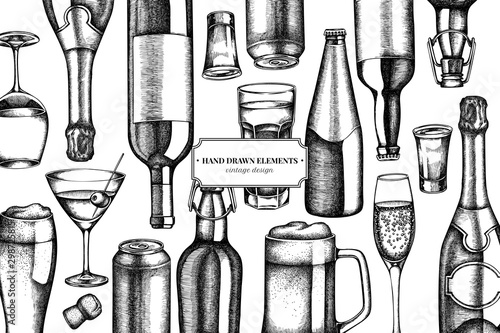 Design with black and white glass, champagne, mug of beer, alcohol shot, bottles of beer, bottle of wine, glass of champagne, glass of wine, glass of martini, aluminum can