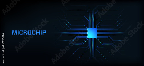 Microchip processor dark background. Circuit board banner, concept AI technology. Microprocessor scheme, with high tech microchip. Vector illustration. Technology background
