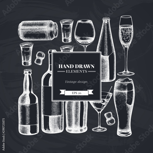 Square design with chalk glass, champagne, mug of beer, alcohol shot, bottles of beer, bottle of wine, glass of champagne, glass of wine, glass of martini, aluminum can