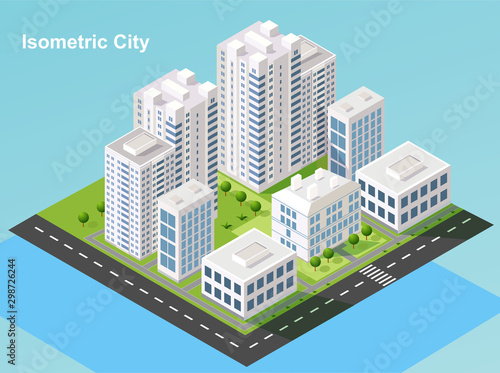Isometric urban megalopolis top view of the city infrastructure town, street, houses, architecture 3d elements different buildings