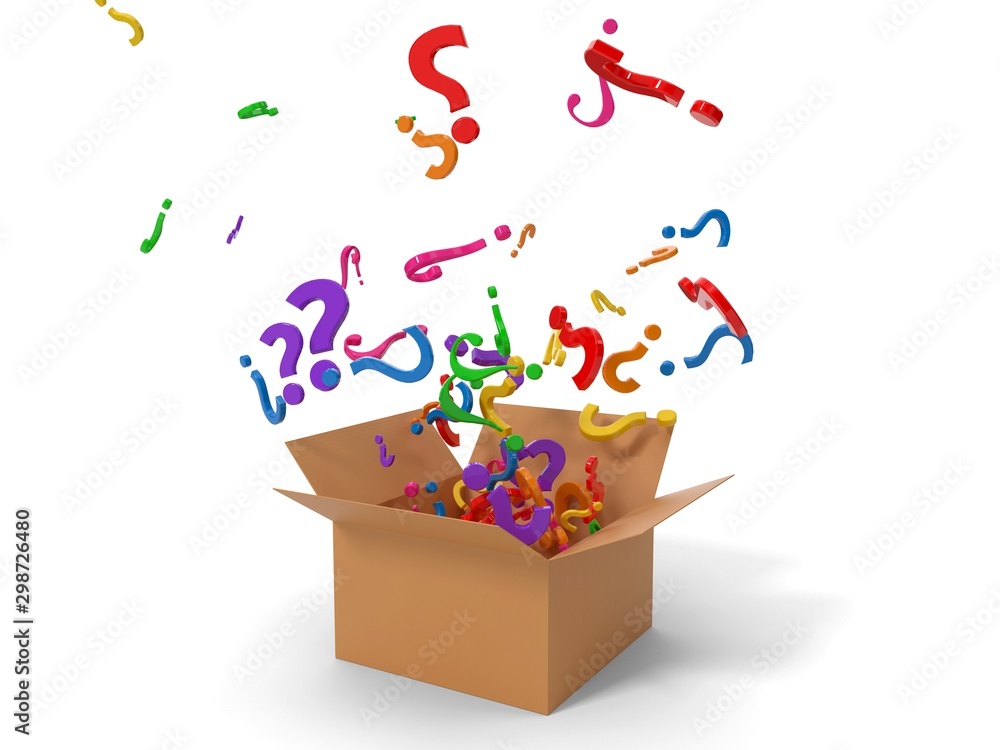 opened cardboard box with question mark. 3d illustration Stock ...