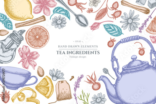 Design with pastel cinnamon, lemons, oranges, tea bag, sugar cubes, heather, chamomile, dog rose, peppermint, almond, strawberry, teaspoon, teapots, cups, sugar bowl