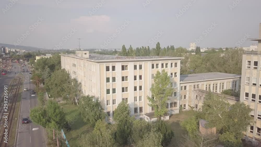 Drone shot towards Nová cvernovka building, Bratislava, Slovakia, on a sunny day Drone shot towards Nová cvernovka building, Bratislava, Slovakia, on a sunny day