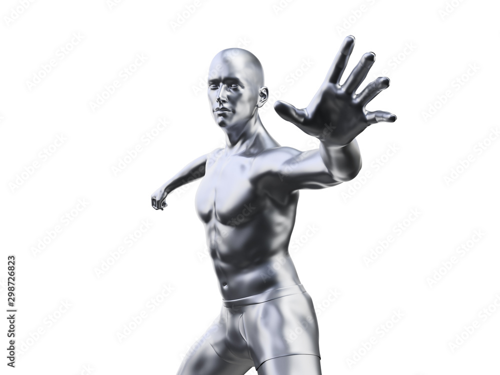 3d rendered illustration of a metal man in defensive pose 3d rendered illustration of a metal man in defensive pose