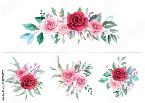 Watercolor floral arrangements clipart for wedding or greeting card composition. Flowers illustration decoration of red and peach flowers, leaves, branches. Vector botanic elements
