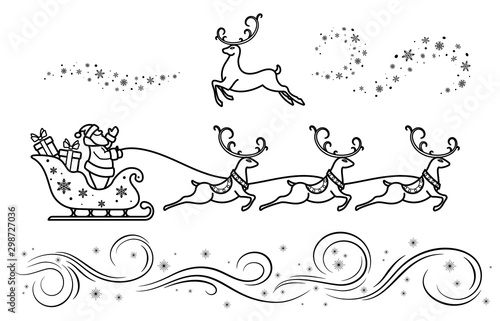 Santa Claus on sleigh with reindeer. Christmas decoration set.  Merry Christmas and New year. Design element  poster, banner, invitation, postcards. Black isolated outline. Vector illustration