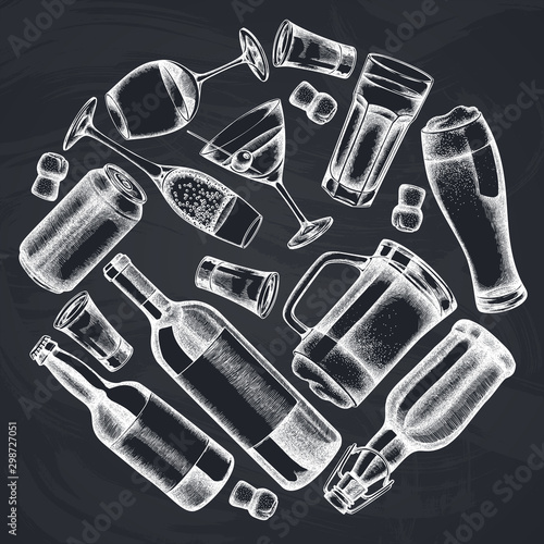 Round design with chalk glass, champagne, mug of beer, alcohol shot, bottles of beer, bottle of wine, glass of champagne, glass of wine, glass of martini, aluminum can