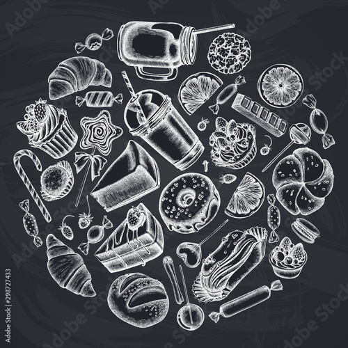 Round design with chalk cinnamon, macaron, lollipop, bar, candies, oranges, buns and bread, croissants and bread, strawberry, milk boxes, smoothie cup, lollipop, smothie jars, cheesecake, eclair