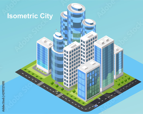 Isometric urban megalopolis top view of the city infrastructure town, street, houses, architecture 3d elements different buildings