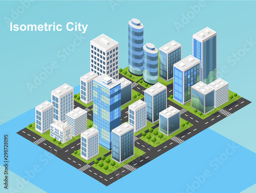 Isometric urban megalopolis top view of the city infrastructure town, street, houses, architecture 3d elements different buildings