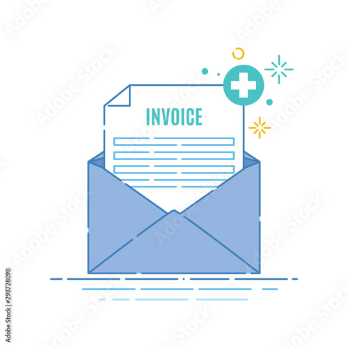 Receiving medical invoice for treatment and health care expenses. Bill sent by the hospital. Envelope with a payment receipt form for the patient. Finance and medical concept. Vector flat illustration