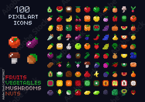 Pixel art vector game design icon video game interface set. Fruits, vegetables, mushrooms, nuts. Isolated retro arcade game design photo