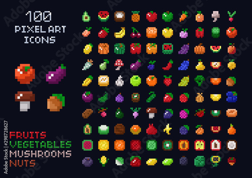 Pixel art vector game design icon video game interface set. Fruits, vegetables, mushrooms, nuts. Isolated retro arcade game design