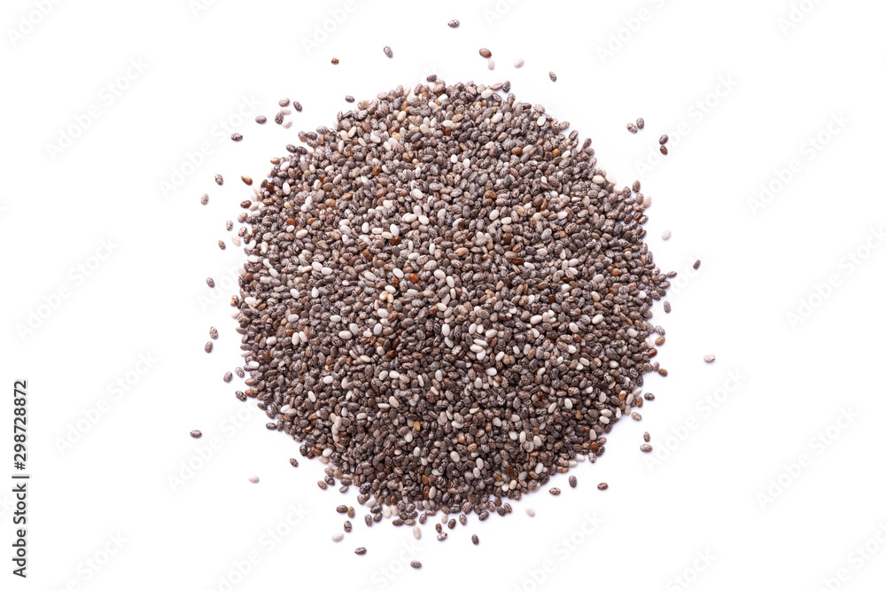 Heap of chia seeds isolated on white background. Superfood concept. Top view Heap of chia seeds isolated on white background. Superfood concept. Top view