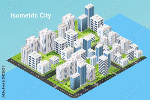 Isometric urban megalopolis top view of the city infrastructure town, street, houses, architecture 3d elements different buildings