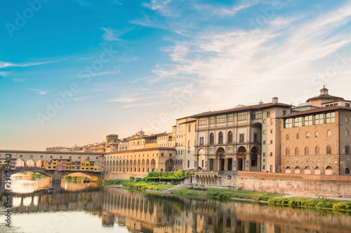 Beautiful view of the Uffizi Gallery on the banks of the Arno River in Florence, Italy © marinadatsenko