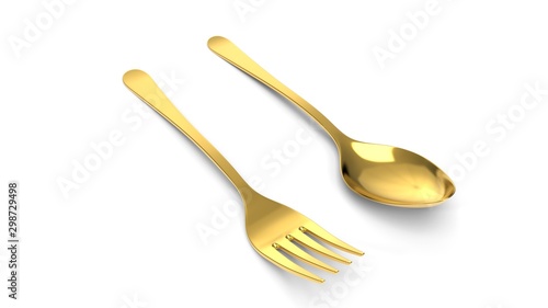 golden fork and spoon. 3d illustration