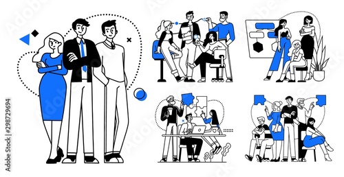 Collection of succesfull team illustrations . Bundle of men and women taking part in business meeting, negotiation, brainstorming, talking to each other. Teamwork concept outline vector illustrations.