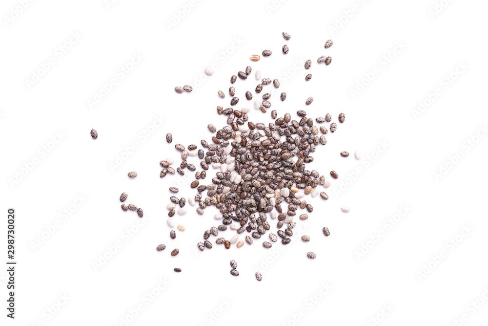 Heap of chia seeds isolated on white background. Superfood concept. Top view Heap of chia seeds isolated on white background. Superfood concept. Top view