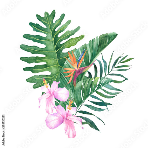 Tropical watercolor bouquet with exotic flowers on a white background.