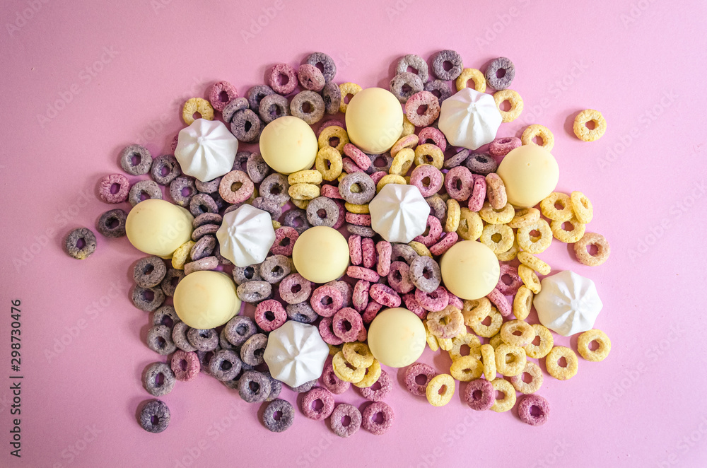 A delicious pile of sweets marshmallows cereal and meringue A delicious pile of sweets marshmallows cereal and meringue