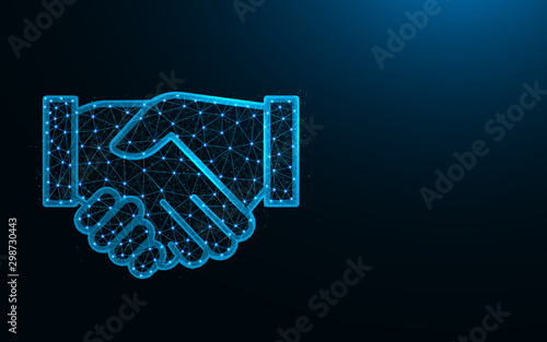 Handshake low poly design, agreement abstract geometric image, business deal wireframe mesh polygonal vector illustration made from points and lines on dark blue background
