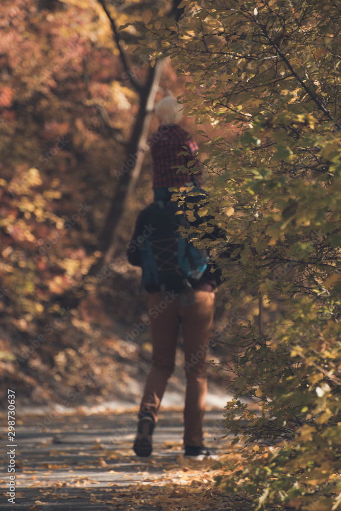 Obraz premium Father with son on his shoulders trekking in the autumn park. Sunny day. Back view