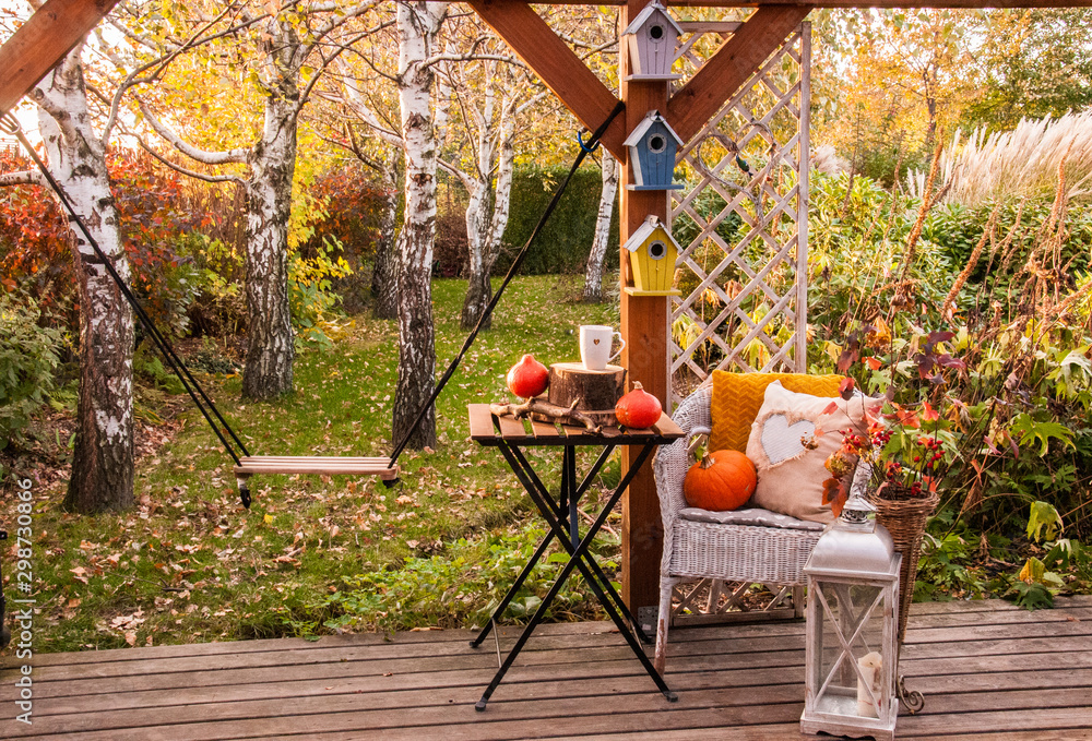 Piękna jesień w ogrodzie na tarasie - obrazy, fototapety, plakaty 