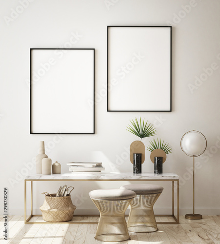 mock up poster frames in modern interior background  living room  Scandinavian style  3D render  3D illustration
