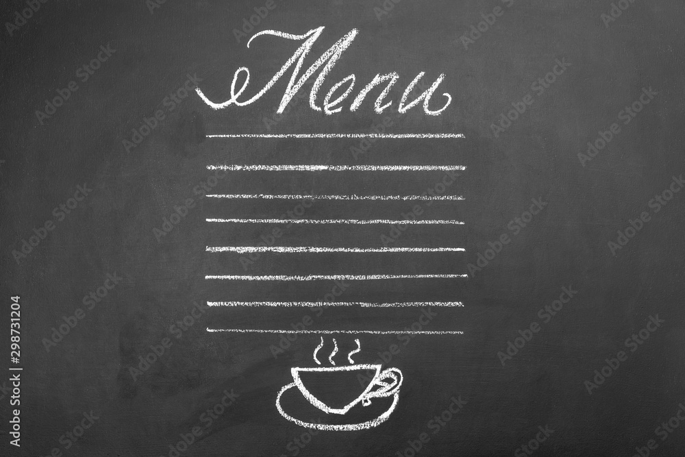 Drawn menu on chalk board for cafe.