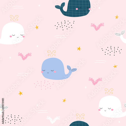 Cute little whale seamless pattern. Vector hand drawn illustration.
