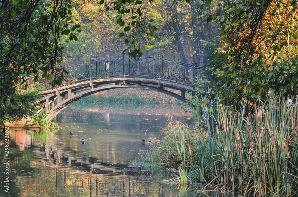 Morning autumn urban landscape. Bridge illuminated by the sun in a park in Pszczyna, Poland.