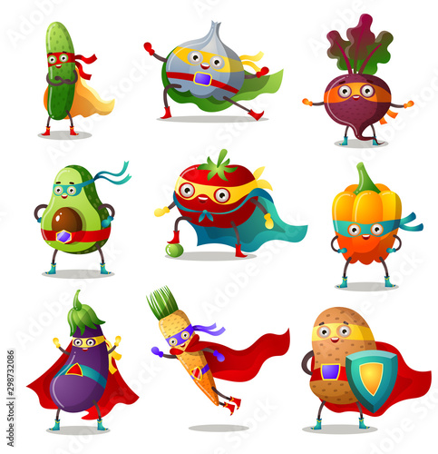 Set of vegetables in traditional costumes of superhero vector illustration
