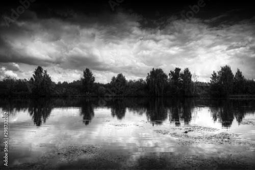 Black and white dramatic river forest reflection background