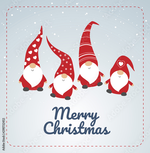 Christmas card with seasons greetings, cute little Christmas gnomes in red hats dancing - vector illustration photo