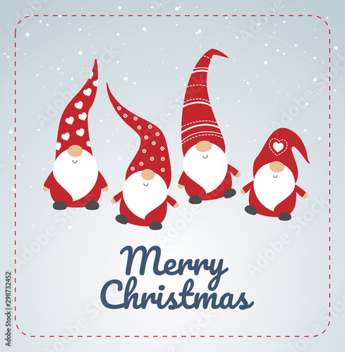 Christmas card with seasons greetings, cute little Christmas gnomes in red hats dancing - vector illustration