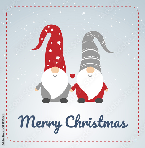 Christmas card with Scandinavian gnomes - cute little gnomes couple - Christmas vector illustration