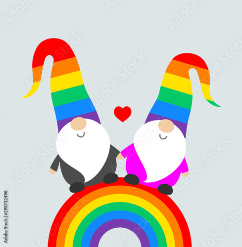 Christmas Pride celebration party funny greeting card with cute Santa elves gnomes in rainbow hats, and rainbow flag. Vector Christmas Pride illustration