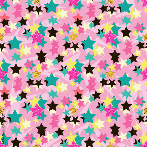 Abstract seamless vector pattern for girls, boys, clothes. Creative background with dots, stars. Funny wallpaper for textile and fabric. Fashion style. Colorful bright