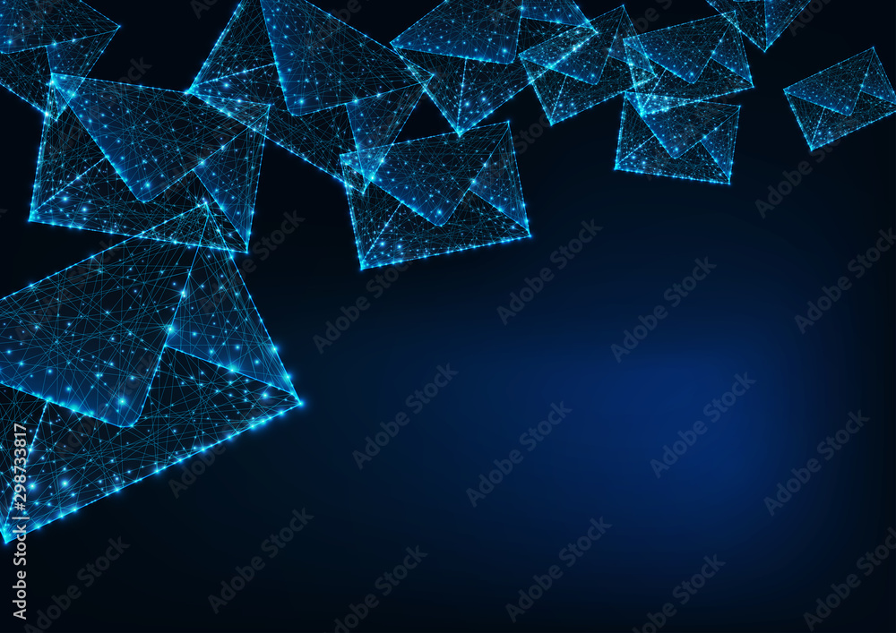 Futuristic glowing low polygonal mail envelopes and copy space for text on dark blue background. - obrazy, fototapety, plakaty 