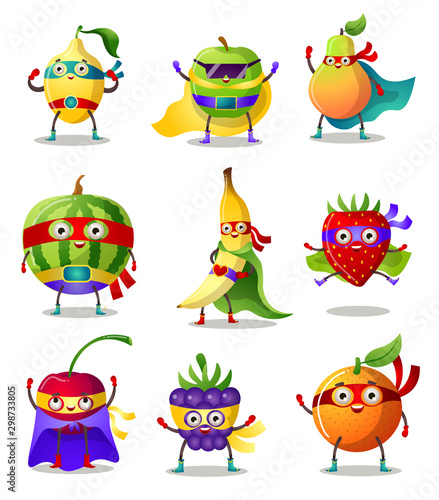 Set of funny superhero humanized characters fruit and berry in masks and capes. Vector illustration in flat cartoon style.