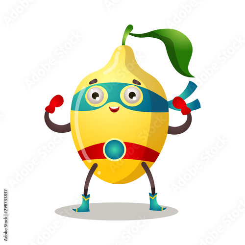 Funny superhero humanized lemon in a green mask and with a red belt. Vector illustration isolated on white background